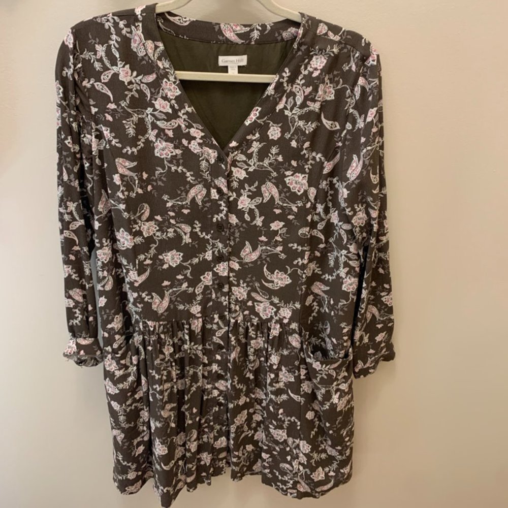 Garnet Hill Drop Waist Button Up Dress Sage Floral